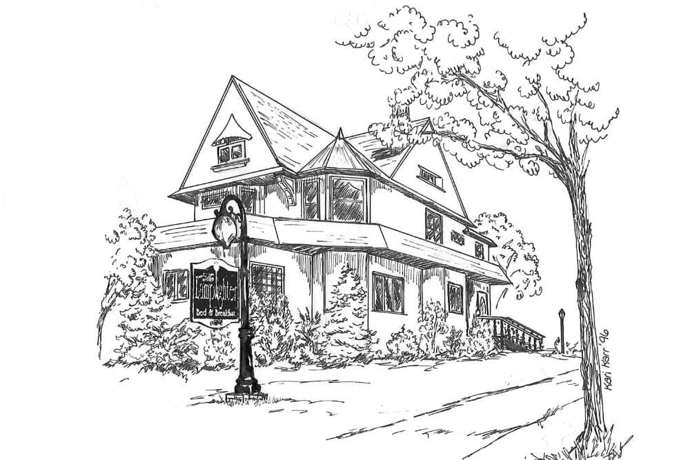 Line drawing of a large house with a sign reading "Bed and Breakfast," surrounded by trees.