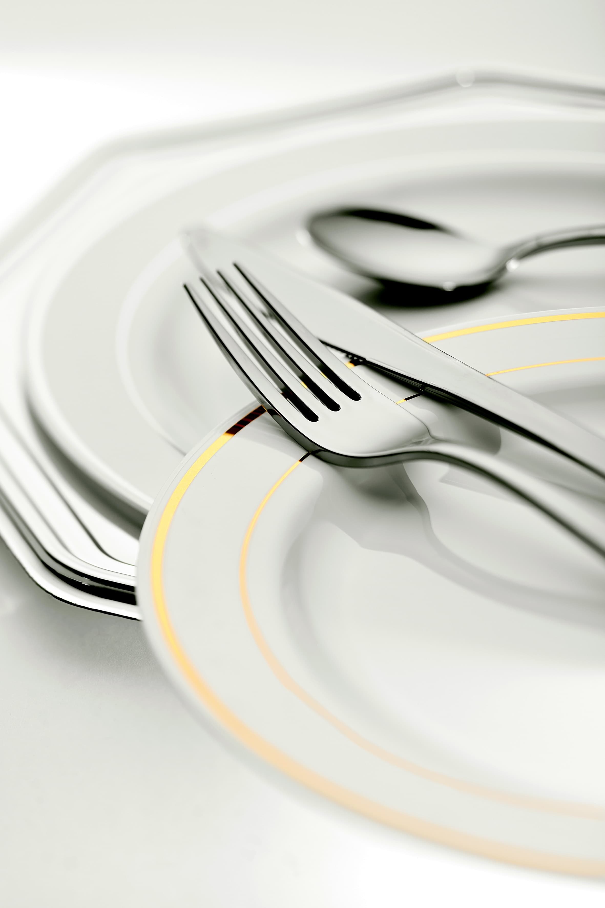 A close-up of a fork and spoon resting on elegantly patterned plates. A close-up of a fork and spoon resting on elegantly patterned plates.